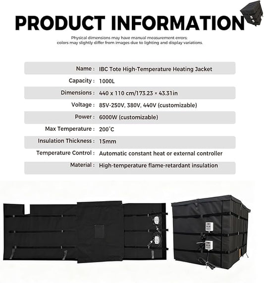 IBC Tote Freeze Protection, IBC Container Heater, Smart Temperature Control up to 200°C, 1000L, IBC Tote Blanket with Thermostat, for Petroleum, Chemical, Food Processing Black