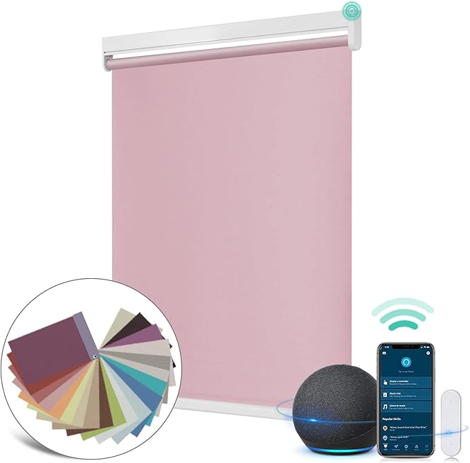 Allesin Motorized Roller Shade Blinds Work with Alexa for Window, 100% Blackout Smart Shades Cordless with Remote Control, Electric Automated Blinds for Window, Customized Size for Smart Home (Pink)