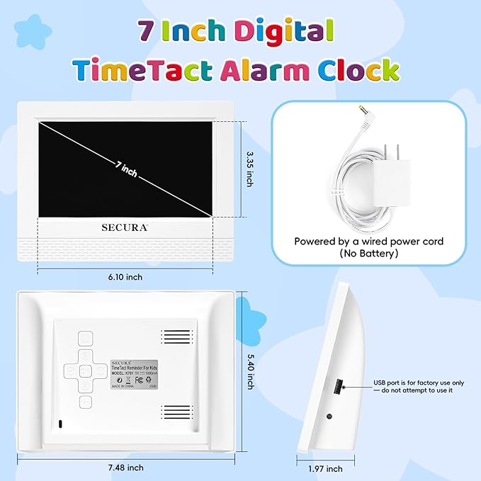 Secura TimeTact Reminder for Kids, 7" LED Talking Alarm Clock with Countdown Visual Timer, 17 Daily Reminders & 5 Custom Alarms Habit Reminder and Scheduler (White)