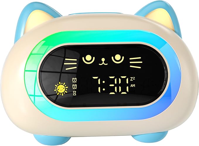 BC-YD-03W-002ds Bedrooms, Kids Alarm Clock with Dual Alarm Snooze Mode 10 Color Night Light Sleep Training Eye Protection Auto Off Timer Blue Cat, Gifts for Kids Girls Boys Teens