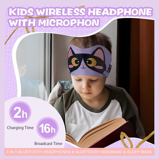 Kids Headband Headphones,Toddler Bluetooth Sleep Mask,Adjustable Wireless Headphones with Wired Playback Type C Jack Suitable for Study, Travel and Sleep(Purple)
