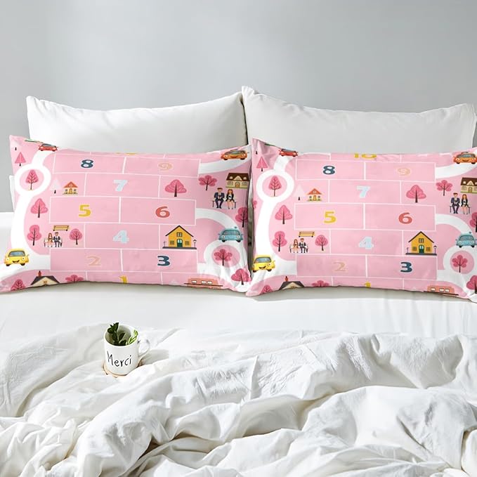 Kids Digital Graffiti Fitted Sheet Queen,Pink Girly Style Cartoon House Trees Bed Sheet 3 Pieces Fits Mattress(No Flat Sheet),Ctiy Road Cartoon Car Fabric Bedding All-Round Elastic Pocket