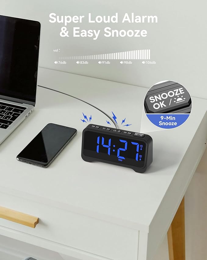 Alarm Clock for Kids Teens, Dynamic RGB Alarm Clock for Bedroom Bedside, Nightstand Desk Clock with Night Light, Large Numbers, 2 USB Phone Charger, Dimmer and Volume Control, Snooze, 12/24Hr