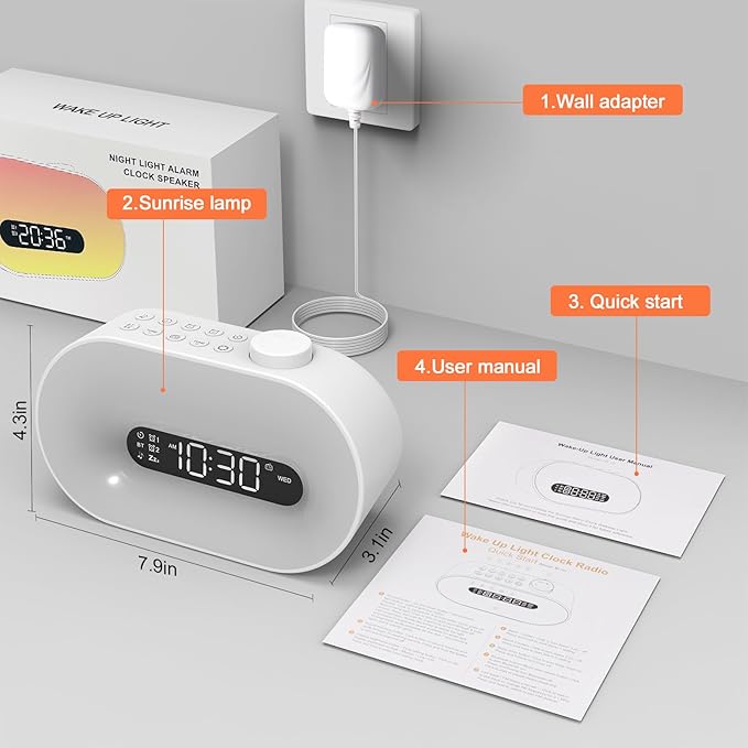 Sunrise Alarm Clock Wake Up Light, Gradual Sunlight Lamp Clock, Sound Machine with 10 Soothing Sounds, FM Radio, Nightlight, Bluetooth Speaker, Digital Clock for Bedroom, Kids, Heavy Sleepers Adults