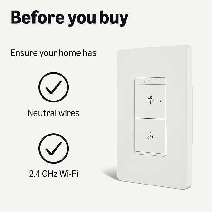 Amazon Basics Smart Ceiling Fan Control Switch, 4-Speed, Single Pole, Voice Control, Works with Alexa Only, Control from Anywhere, 2.4 GHz Wi-Fi, No Hub Required, White