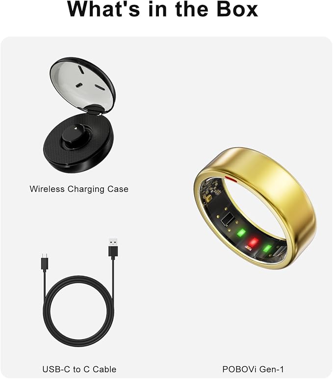 Smart Ring for Women Men- Sleep/Fitness/Stress/Heart Rate Tracker- Menstrual Records - 7 Days Battery Life - Wireless Charging - No APP Subscription - iOS & Android Compatible (Gold, Size 7)