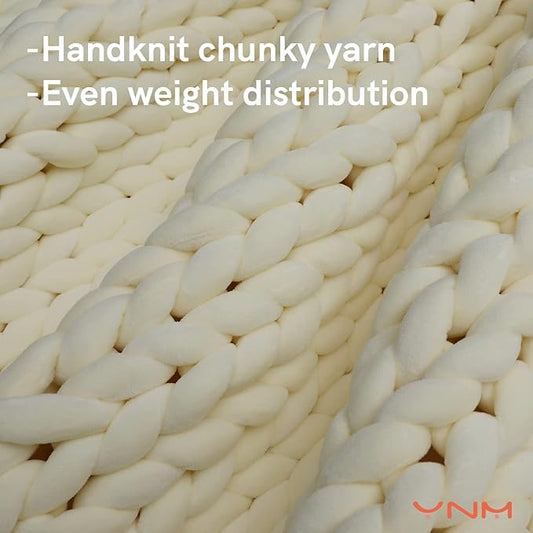 YnM Velvet Weighted Blanket, Handmade Chunky Knitted Design, Soft and Cozy, Temperature Regulating and Breathable, Machine Washable Throw for Sleep or Home Decor (Cream, 60x80 Inch, 15lbs)