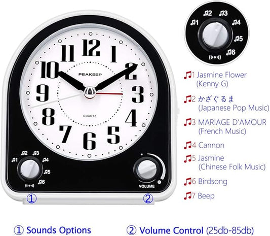 Peakeep Analog Alarm Clock Non-Ticking Silent, Optional 7 Wake-up Sounds with Volume Control, Nightlight and Snooze, AA Battery Operated (Black)