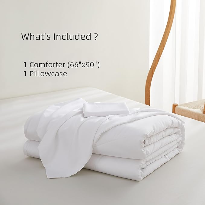 Zaizaihome Natural Bamboo Viscose Comforter Set Twin Size 2 Pieces, All-Season Soft Breathable Moisture-Wicking Quilt with Matching Pillowcase, Machine Washable, Quilted Fluffy Comforter (White)