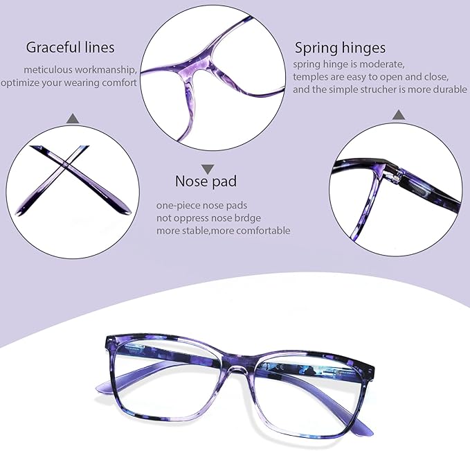 Henotin 4 Pack Ladies Reading Glasses Blue Light Blocking Spring Hinge Readers Anti Eyestrain Computer Eyeglasses (Multicolor-6, 2.5)