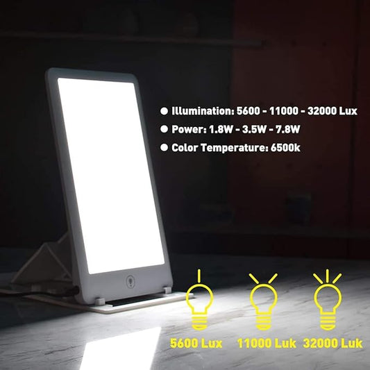 Portable Light Therapy Lamp, 32000 Lux, UV-Free, Adjustable Brightness, Foldable Bracket, White, 27.6 x 12.6cm