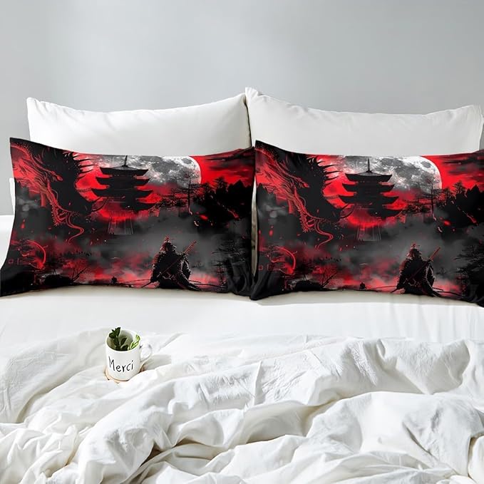 Western Dragon Kids Sheet Set Full Size,Japanese Samurai Japan Ukiyo-e Style Scenery Bedding Set 4pcs,Boys Girls Room Decor,Ancient Animal Red Black Bed Sheet Set 4pcs(Fitted + Flat + 2 Pillowcases)