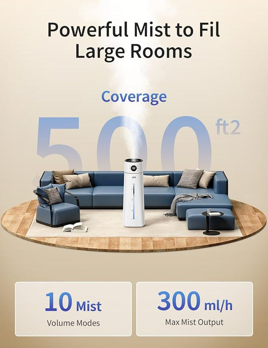 JRD Humidifier Large Room 8L/ 2.1Gal, Ultrasonic Cool Mist for Bedroom, Quiet Humidifier with Remote Control, 10 Mist Modes, 24H Timer, Night Light, AI Mode, 40H Run for Home Office Baby Pets Plants