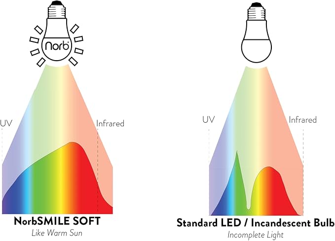 NorbSMILE Soft Full Spectrum Light Bulb - Sunlike Softer-Hue A19 Wellness LED. Boost Energy, Mood & Performance, Support Circadian Rhythm, Near-Perfect Color Rendering, Patented, US Based (1-Pack)