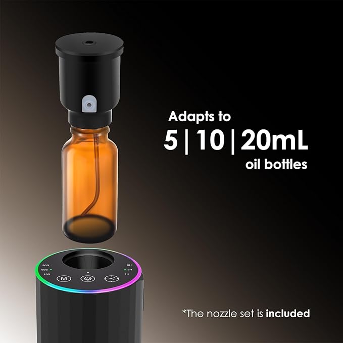 Waterless Essential Oil Diffuser, 7 Colors LED Light, Battery Powered Mini Scent Air Machine, Aromatherapy Mist Diffuser for Home Room Car Office,Black Aluminum Alloy