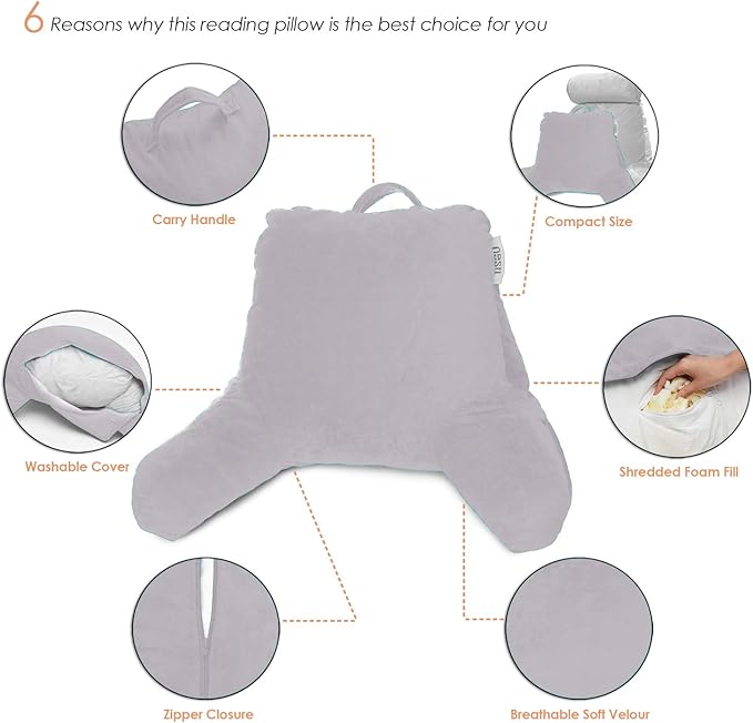 Nestl Reading Pillow for Kids & Teens with Shredded Memory Foam, Backrest Pillows for Reading, Watching, and Gaming, Use on The Couch, Bed, or Floor, Adjustable Support, Washable Cover Grey Lavender