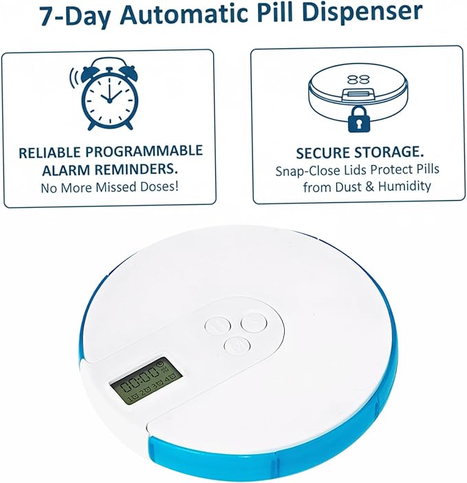 Automatic Pill Dispenser, 7 Day Pill Organizer with Large Digital Display & Alarm, Portable Travel Medicine Box for Vitamins & Medications Blue