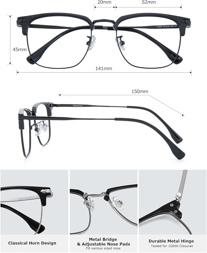 Blue Blocker Glasses for Men Metal Browline Computer Gaming Glasses With Blue Ray Filter (Gunmetal/Black TR90 Eyeglasses)