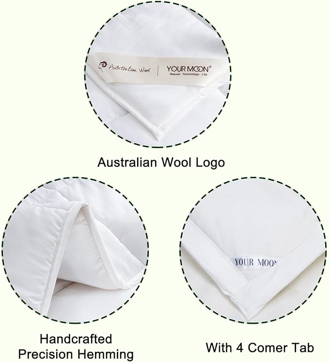 YOUR MOON 100% Australian Wool Lightweight Comforter Queen Size - Breathable Summer Duvet Insert for Hot Sleepers, 100gsm Thin Cooling Comforter with Bamboo-Derived Jacquard Rayon Cover (White)