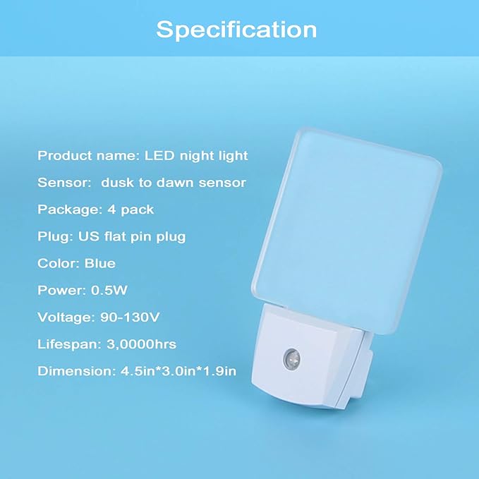 Blue Led Night Light Plug in - 4 Pack Dusk to Dawn Blue Night Light Auto ON Off 0.5W Suitable for Bathroom Hallway Nursery Bedroom Stairs Kitchen Adults Kids Halloween Christmas Decor
