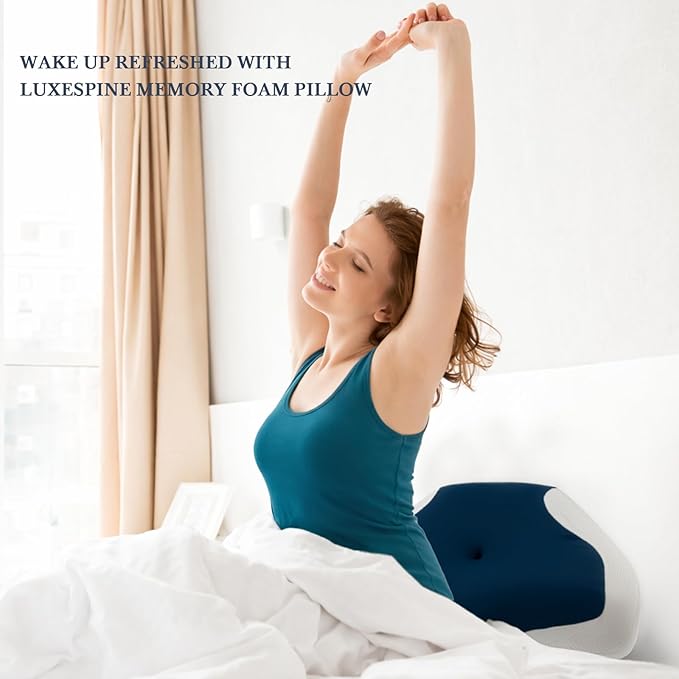 Cervical Neck Support Pillow for Sleeping, Two Heights Memory Foam Ergonomic Contour Pillow, Side Sleeper Pillow for Neck and Shoulder Pain Relief (Blue& White)