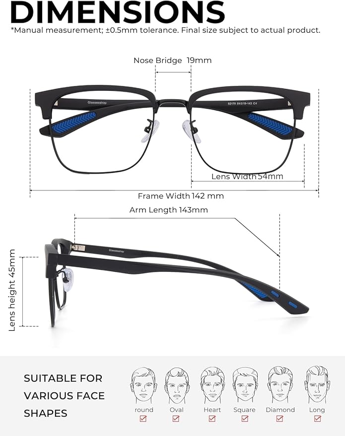 Blue Light Glasses Men Rectangle Large Browline Computer Gaming Glasses Blue Blocker Anti-Glare UV400 Protection Clear Lens