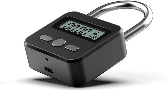 Metal Timer Lock - Electronic Time Padlock with LCD Display - USB Rechargeable (Black)