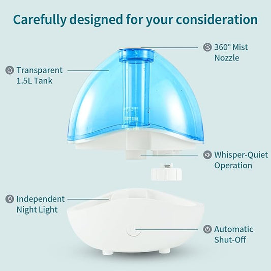 Cool Mist Humidifiers for Bedroom & Large Room (1.5L Water Tank) Quiet Ultrasonic Air Humidifier For Babies Nursery, Office, Indoor Plants & Whole House -Adjustable 360 Rotation Nozzle, Auto-Shut Off