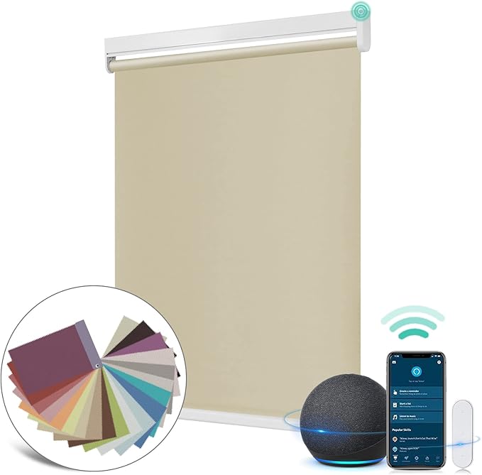 Allesin Motorized Roller Shade Blinds Work with Alexa for Window, 100% Blackout Smart Shades Cordless with Remote Control, Electric Automated Blinds for Window, Customized Size for Smart Home (Khaki)