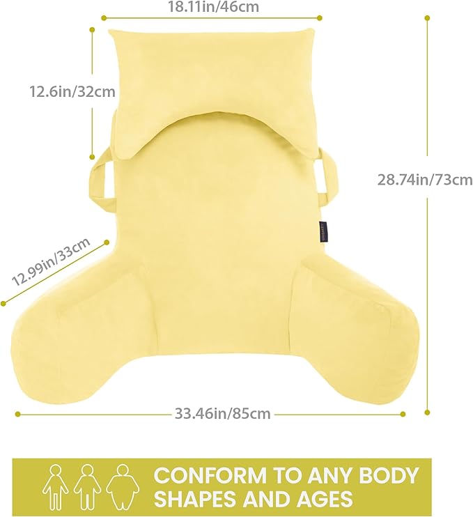 Portable Reading Pillows with Headrest for Bed Sitting Up(Yellow Oeko-Tex), Velvet Back Pillow with Arms & Pockets for Adults, Support Memory Foam Bed Pillow for Dorm/Reading/Watching/Gaming