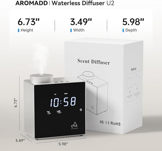 2026 Smart Waterless Diffuser, 2000 Sq.Ft Cold Air Scent Machine with Clock & Environmental Display | 7 Fragrance Levels, 9 Timer Settings, Hotel Collection Diffuser for Home & Large Rooms (Silver)