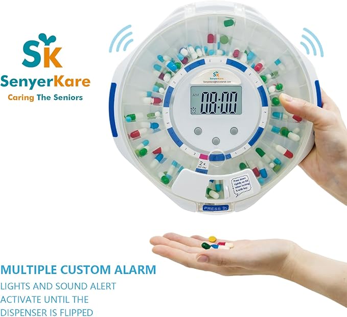 28-Day Bluetooth Automatic Pill Dispenser, Key Lock Security, Medication Dispenser up to 9 Alarms/Day, Sound & Light Alarms, Ezi-Read LCD & App Alert for Prescriptions, Vitamins, Clear Lid