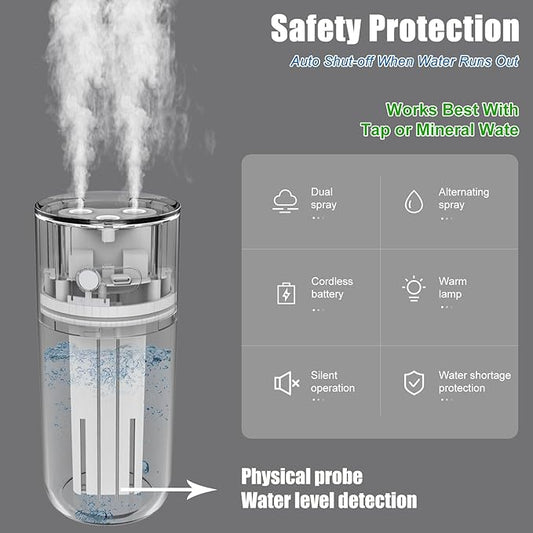 HODEMI Portable Small Humidifier - Cold Mist Humidifiers with Water Shortage Protection, Warm Night Light, Recharge Dual Nozzle Mini Humidifier for Bedroom, Plants, Office, and Car (Pink)