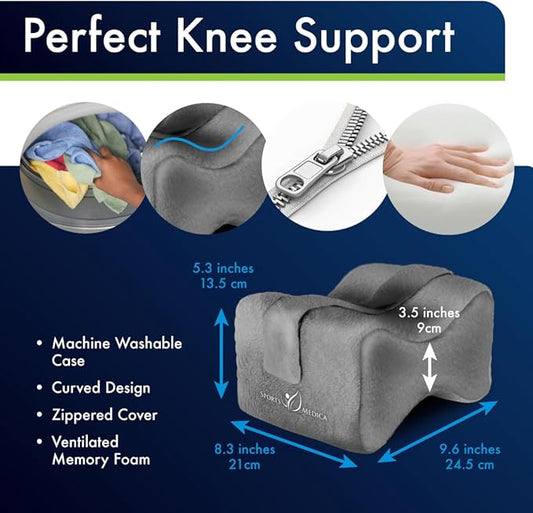 Sports Medica Doctor Developed Knee Pillow for Side Sleepers - Washable Cover Memory Foam Leg Pillow for Side Sleeping, Lower Back & Sciatica Pain Relief - Spine Alignment - Between Knee Hip Cushion