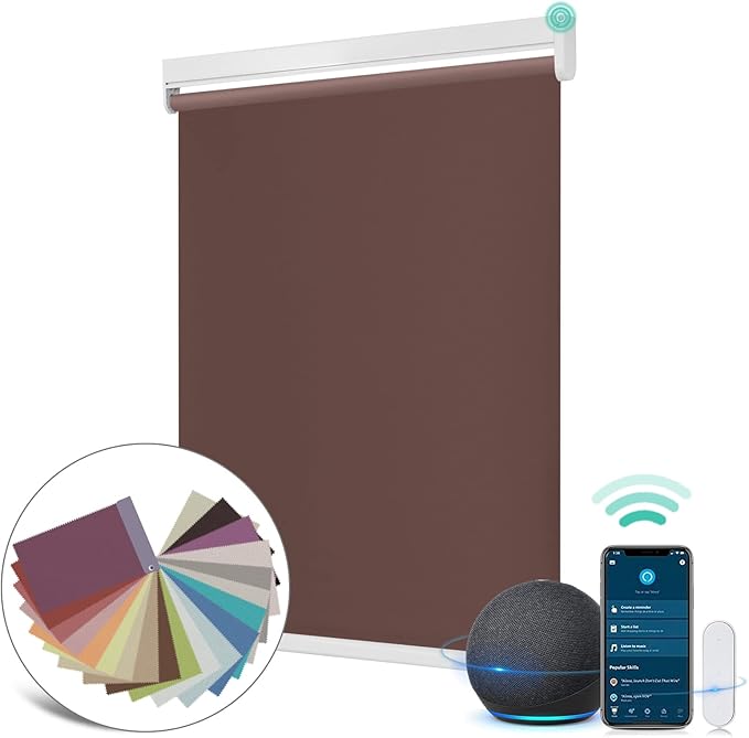 Allesin Motorized Roller Shade Blinds Compatible with Alexa for Window, Blackout Smart Shades Cordless with Remote Control, Electric Automated Blinds, Customized Size, Lithium Battery Motor(Brown)