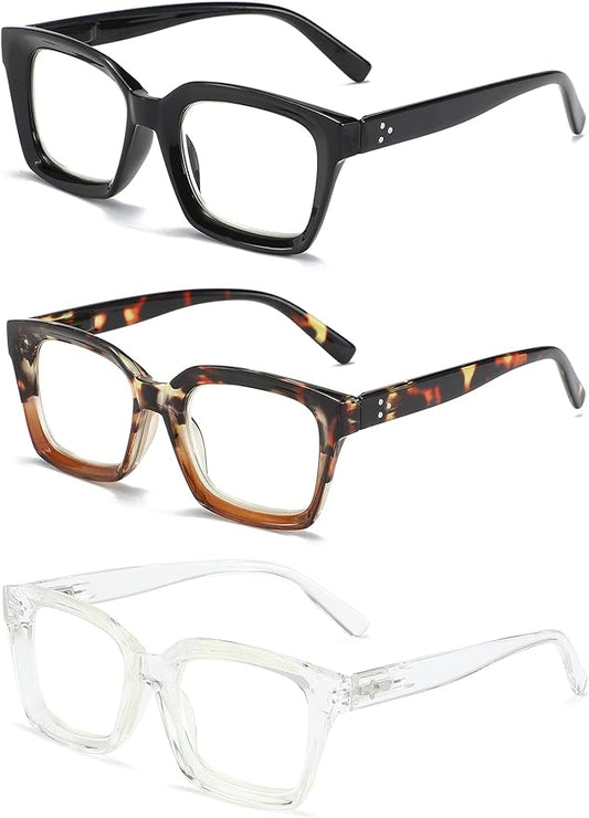 3 Pack Oversize Square Design Reading Glasses for Women, Blue Light Blocking Computer Reader+0.75
