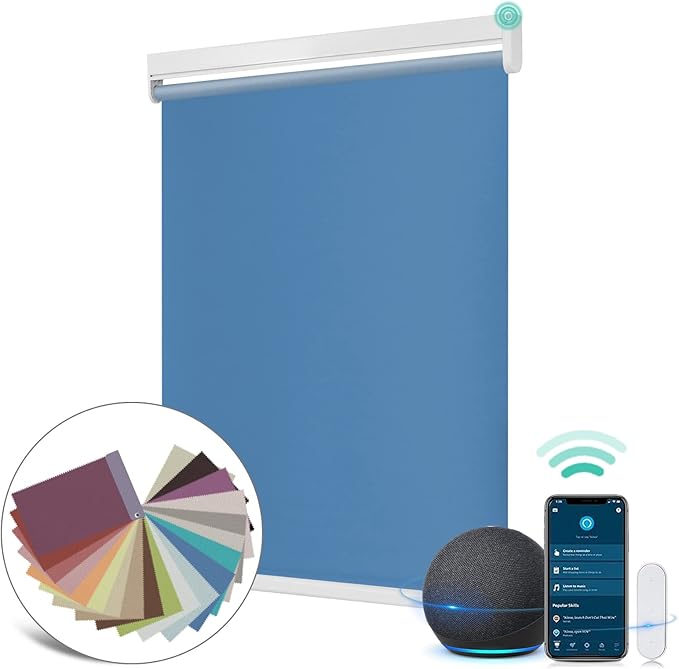 Allesin Motorized Roller Shade Work with Alexa for Window, 100% Blackout Smart Shades Cordless with Remote Control, Electric Automated Blinds for Window, Customized Size for Smart Home (Sea Blue)