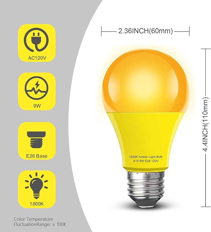 Amber Sleep Light Bulb 2 Pack,Dimmable 1800K Warm Light Bulbs for Healthy Sleep,Blue Light Blocking,A19 9W(60W Equivalent) E26 Base Amber Light Bulbs for Bedroom, Baby Nursery Room
