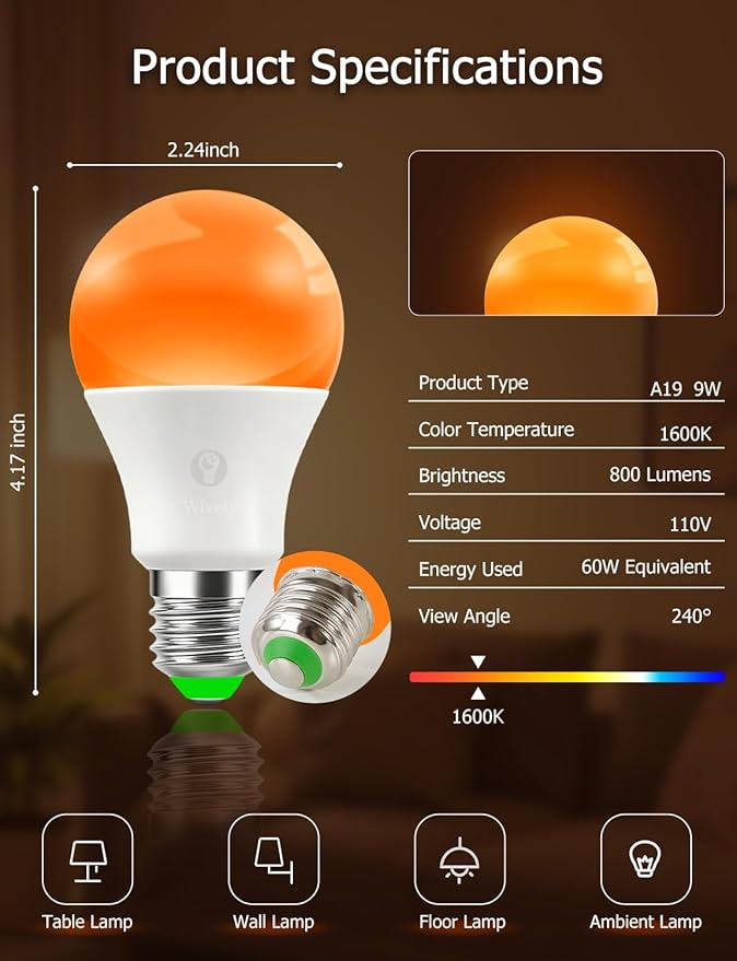 Sleep Light Bulbs Amber 1600K with Remote Control, E26 Blue Light Blocking A19, 9W for Sleep Therapy, Baby Nursery, Bedroom (6 Pack)