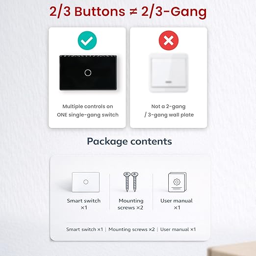 Smart Light Switch,1-Button,Aluminum Frame, Neutral Required,2.4GHz, Tuya Smart Life App,Voice Control,2.5D Curved-Edge Tempered Glass Panel,Black