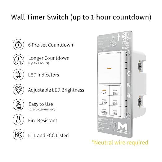 Minoston Countdown Timer Switch, 1-60 Min, Bathroom Fan Timer Switch, Adjustable LED Brightness, 120VAC Neutral Wire Req, ETL and FCC Listed, White (MT11N)