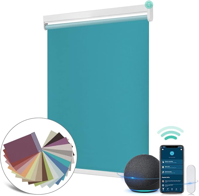 Allesin Motorized Roller Shade Blinds Work with Alexa for Window, Blackout Smart Shades Cordless with Remote Control, Electric Automated Blinds, Customized Size, Lithium Battery Motor(Turquoise Blue)