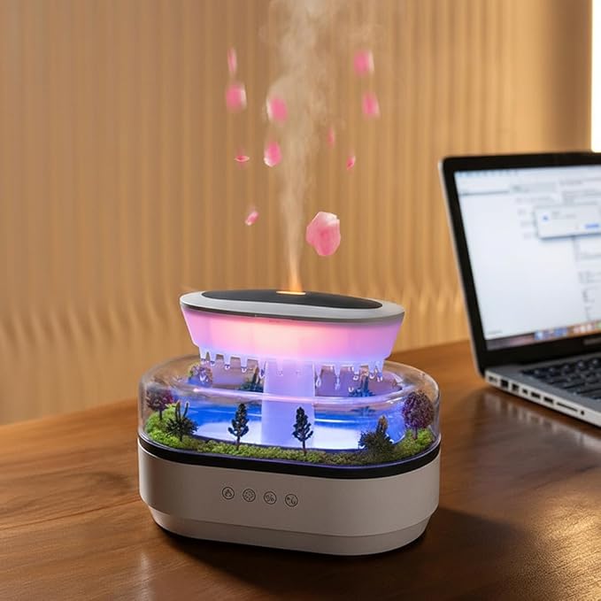 Rain Water Dripr Sounds Essential Oil Diffusers, 7 Colors Rainfall Cloud Humidifier, Silent Rain Lamp Timing Humidifiers with Drip Music Micro Landscape Ultrasonic Diffuser for Bedroom Office Hotel