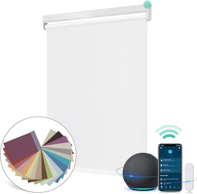Allesin Motorized Roller Shade Blinds Work with Alexa for Window, 100% Blackout Smart Shades Cordless with Remote Control, Electric Automated Blinds for Window, Customized Size for Smart Home (White)