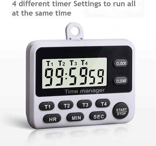 XREXS 4 Channels Digital Kitchen Timer Clock with Large LCD Display, 4 Groups Simultaneous Timing Countdown Up Magnetic Timer(Battery Included)