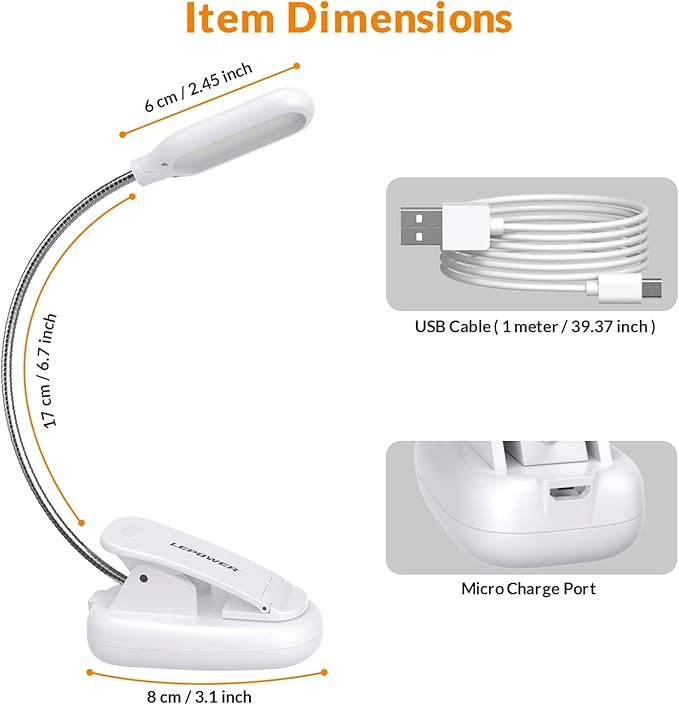 LEPOWER Clip on Book Light/Reading Light/Clip Light with 5 LED Eye Care, 3 Color Changeable, Portable Reading Lamp, Battery Operated, Bed Lights for Kids, Bookworms, Students(White)