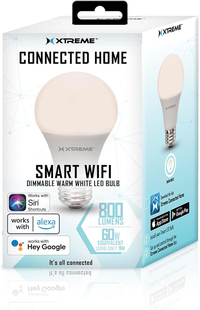 Xtreme 4 Pack Smart Wi-Fi Dimmable Warm White LED Light Bulb, A19, E26, Mobile App Control