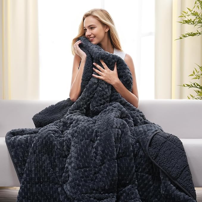 Drewin 15lbs Weighted Blanket for Adults, Ultra-Cozy Warm Jacquard Sherpa Weighted Blanket, 3D Turtleback Pattern Soft Thick Heavy Blanket for Sofa Bed, 60 x 80 inches, Grey Blue