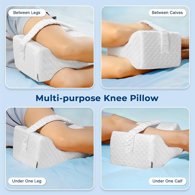 KingPavonini Cooling Knee Pillow for Side Sleepers, Gel Memory Foam Leg Pillows for Side Sleeping with Ice Silk Cover and Strap, Knee Pillow for Back Hip Pain, Spine Aligning, Sciatica, Pregnancy