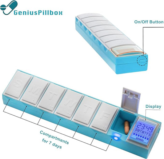 Easy Reminder Pill Box Organizer, Smart Sensors with Gentle Alarm Only if You Miss Dose or Open Wrong Day, Blue